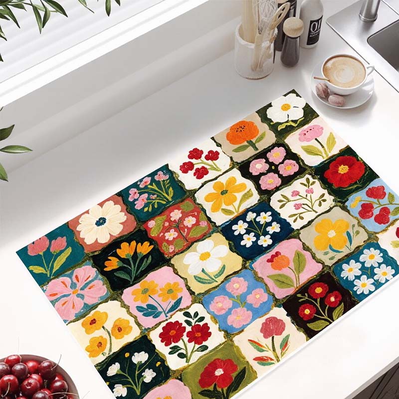 Tapis de cuisine à séchage rapide en diatomite, motif floral