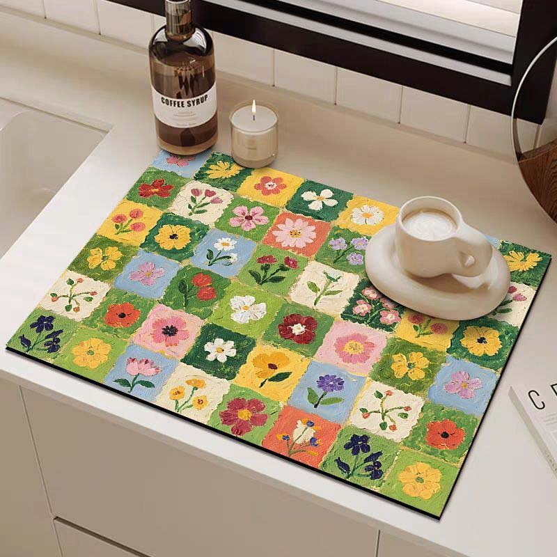 Tapis de cuisine à séchage rapide en diatomite, motif floral