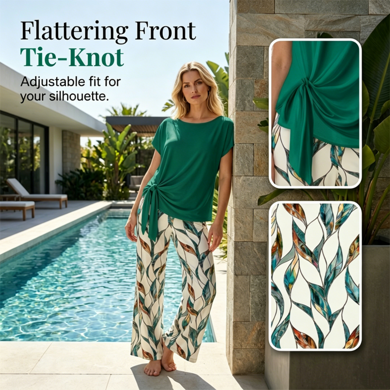 🔥Offre à durée limitée : 50 % de réduction🔥🌿Ensemble femme composé d'un haut à nouer et d'un pantalon large imprimé