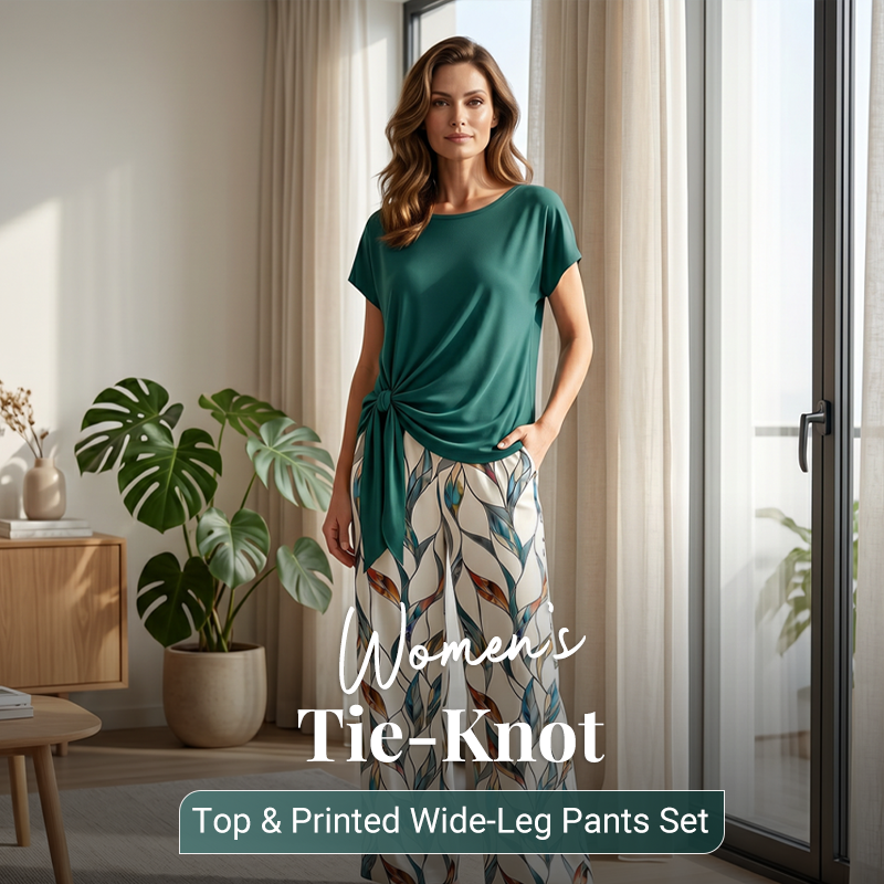 🔥Offre à durée limitée : 50 % de réduction🔥🌿Ensemble femme composé d'un haut à nouer et d'un pantalon large imprimé