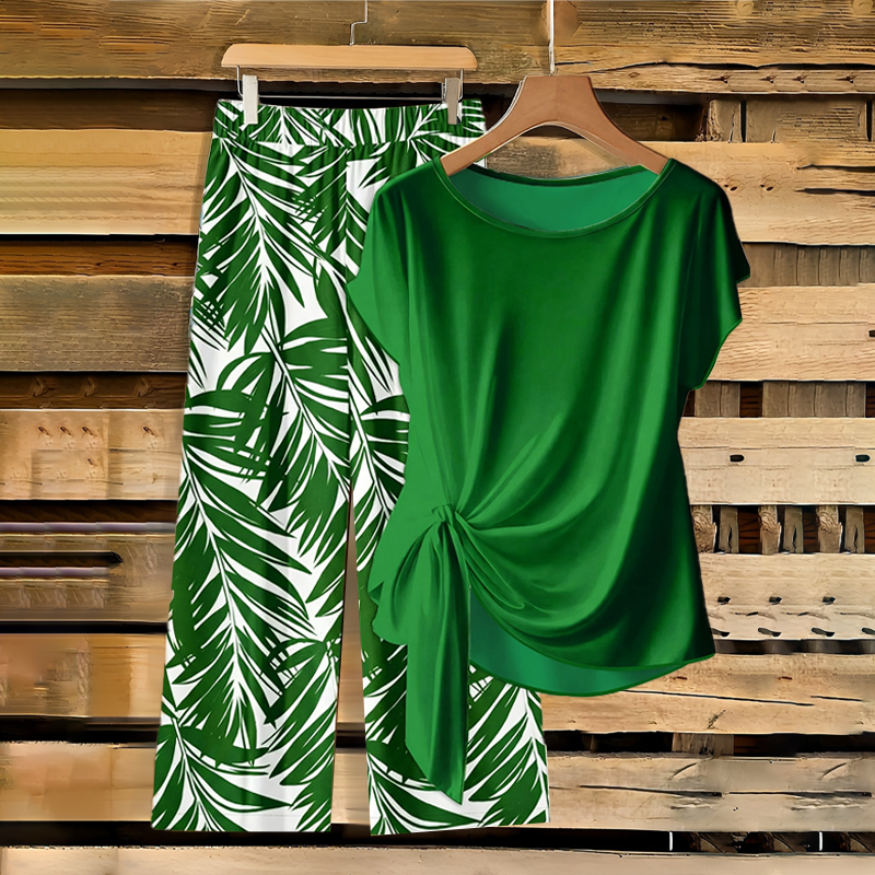 🔥Offre à durée limitée : 50 % de réduction🔥🌿Ensemble femme composé d'un haut à nouer et d'un pantalon large imprimé