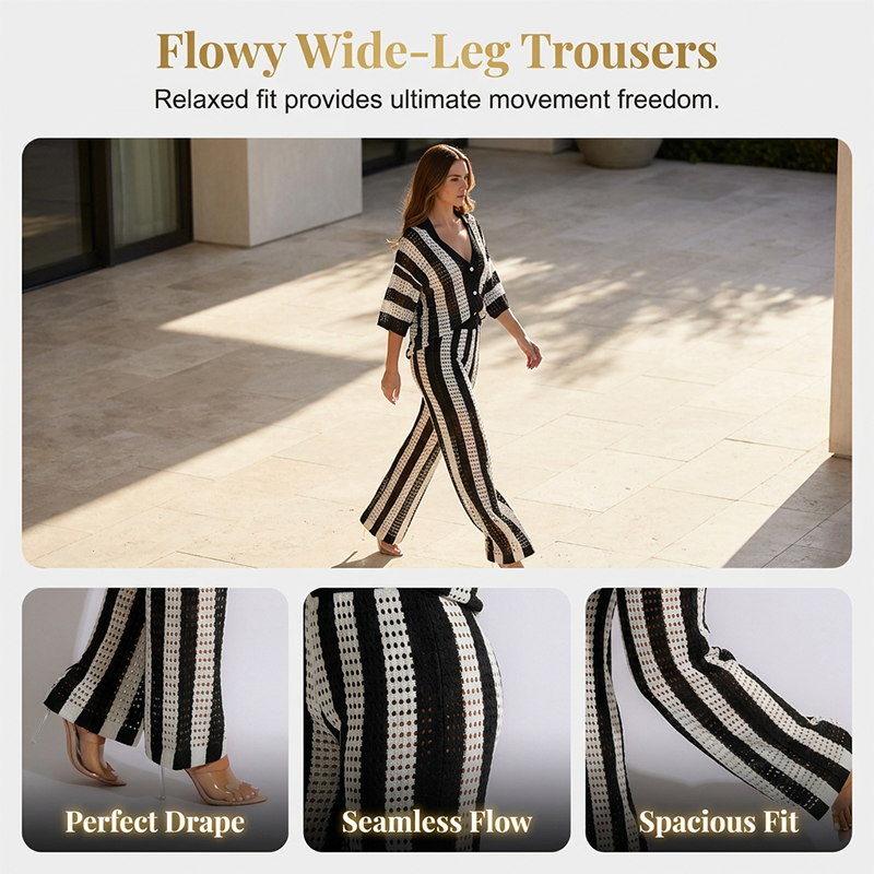 Ensemble pantalon à jambes larges rayé et col en V pour femme