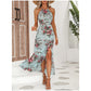 🌸 Robe Halter Florale avec Fente Latérale – Élégante & Polyvalente ✨ | Noir, Marron, Bleu | S-2XL