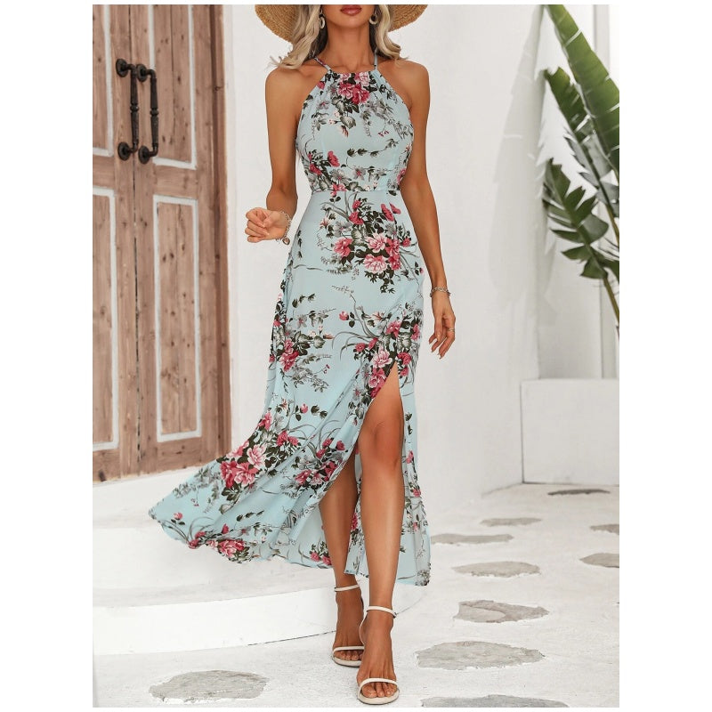 🌸 Robe Halter Florale avec Fente Latérale – Élégante & Polyvalente ✨ | Noir, Marron, Bleu | S-2XL