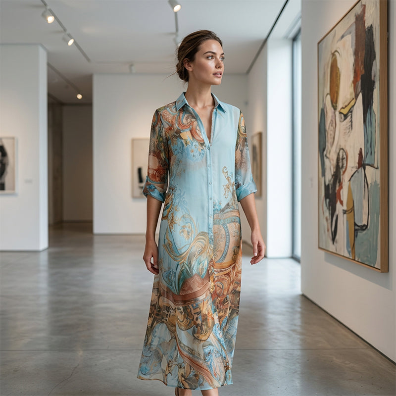 👗 50% DE RÉDUCTION 🌺 Robe longue imprimée bohème – coupe fluide, col V et boutons devant – tissu léger et respirant – idéale pour les belles journées d’été