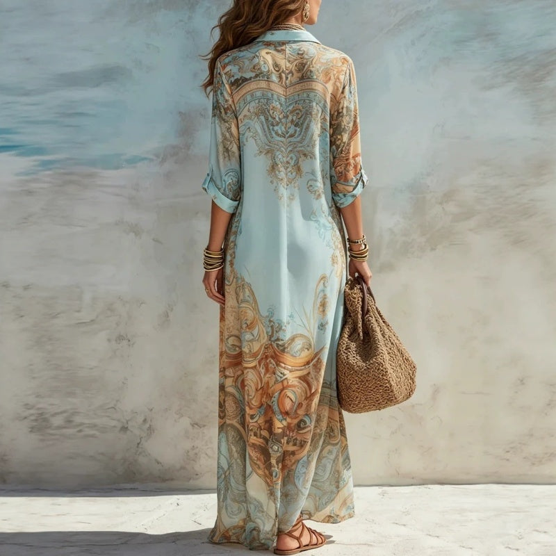 👗 50% DE RÉDUCTION 🌺 Robe longue imprimée bohème – coupe fluide, col V et boutons devant – tissu léger et respirant – idéale pour les belles journées d’été