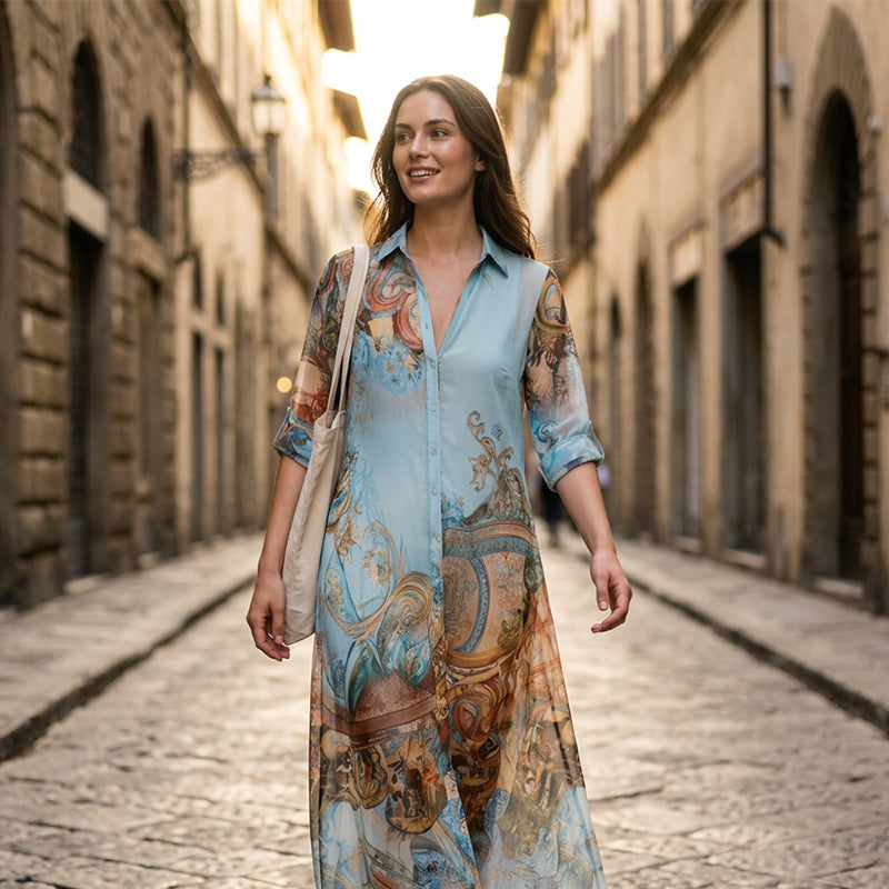 👗 50% DE RÉDUCTION 🌺 Robe longue imprimée bohème – coupe fluide, col V et boutons devant – tissu léger et respirant – idéale pour les belles journées d’été