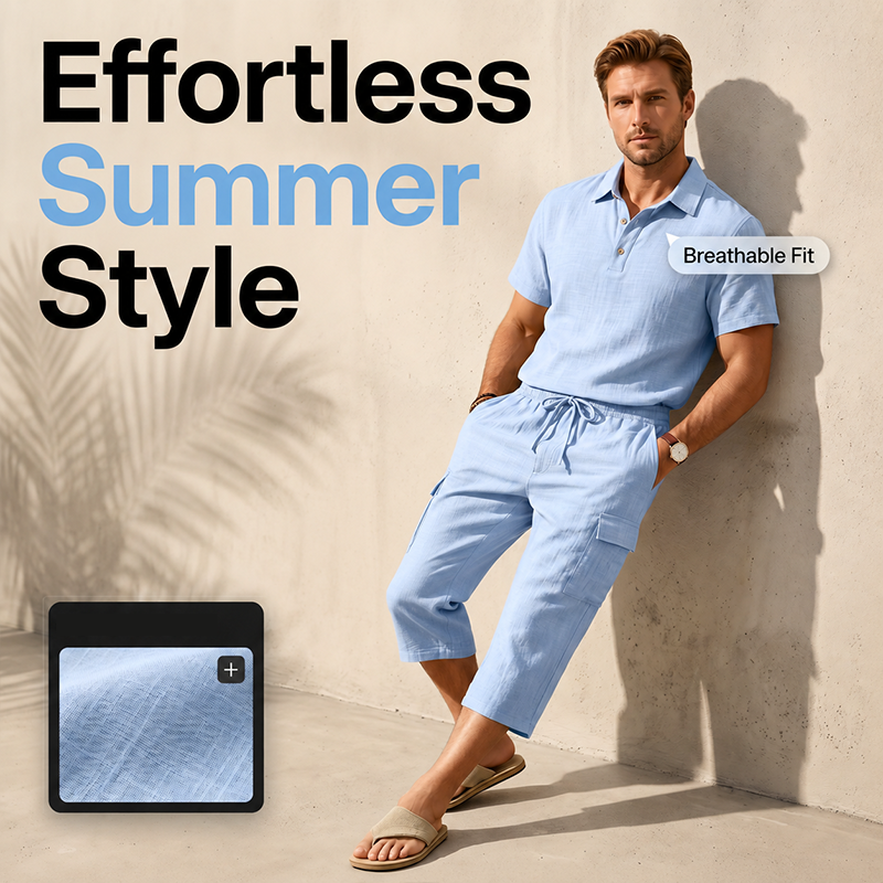 Ensemble d'été en lin pour homme : chemise ample et short cargo, ensemble deux pièces