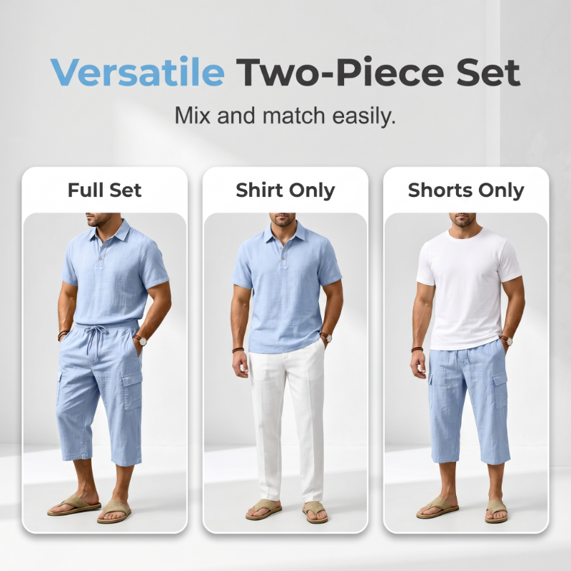 Ensemble d'été en lin pour homme : chemise ample et short cargo, ensemble deux pièces