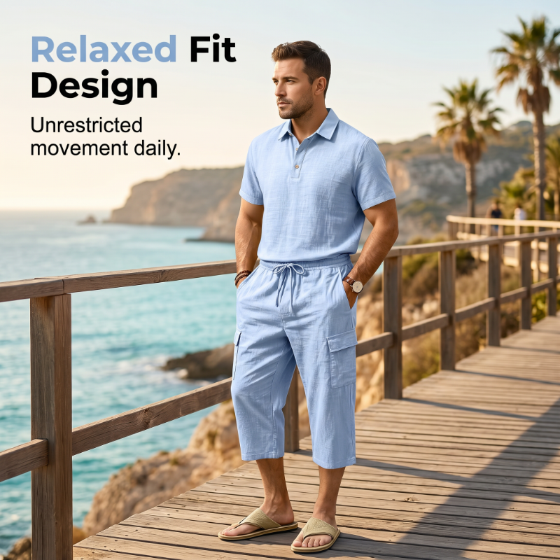 Ensemble d'été en lin pour homme : chemise ample et short cargo, ensemble deux pièces