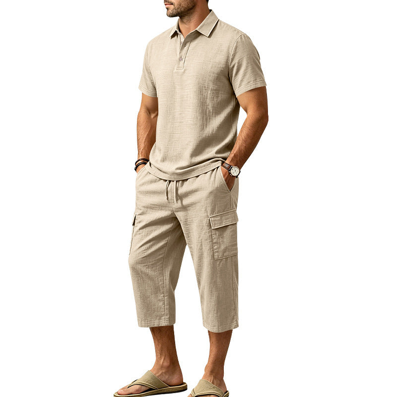Ensemble d'été en lin pour homme : chemise ample et short cargo, ensemble deux pièces
