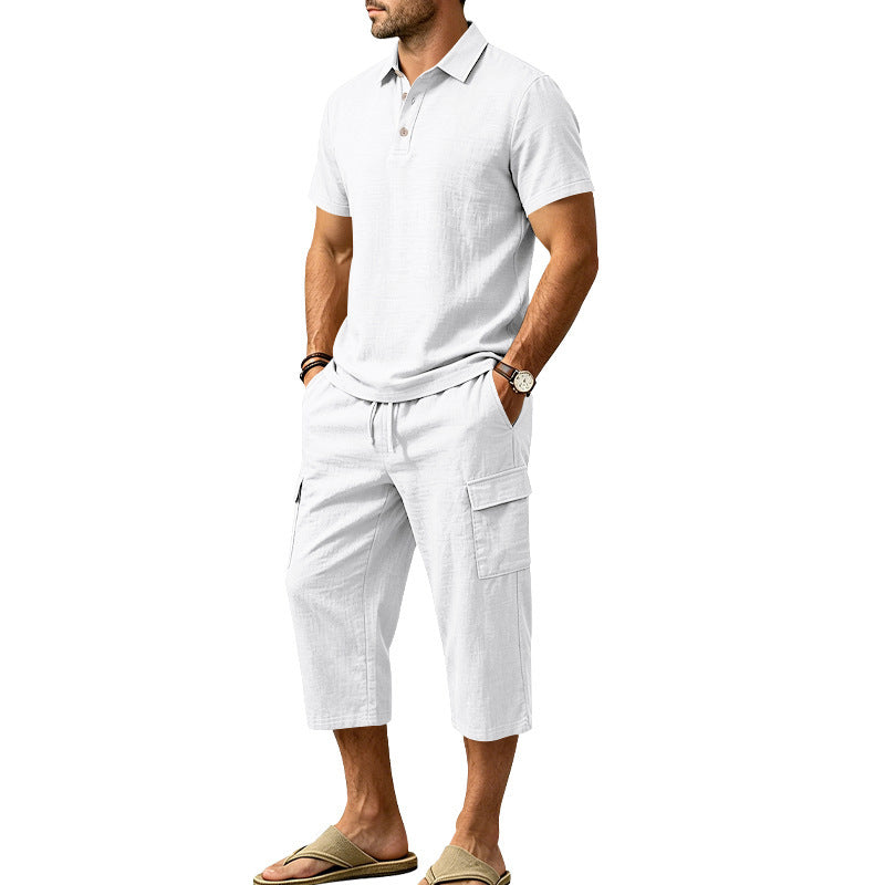Ensemble d'été en lin pour homme : chemise ample et short cargo, ensemble deux pièces