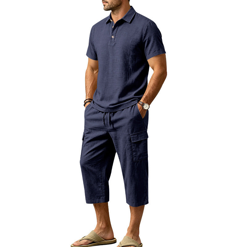 Ensemble d'été en lin pour homme : chemise ample et short cargo, ensemble deux pièces