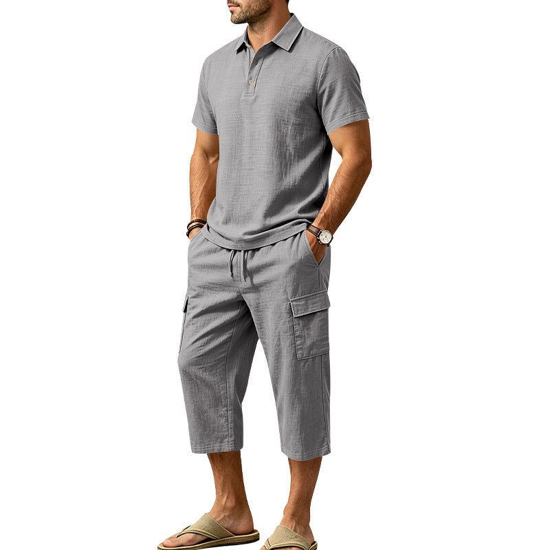 Ensemble d'été en lin pour homme : chemise ample et short cargo, ensemble deux pièces
