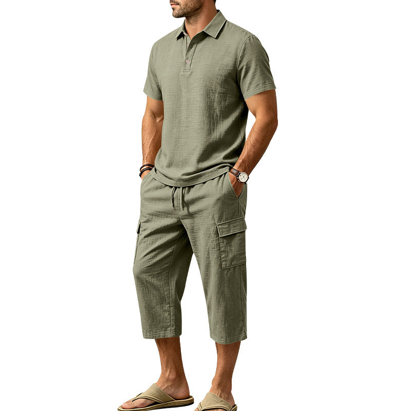 Ensemble d'été en lin pour homme : chemise ample et short cargo, ensemble deux pièces