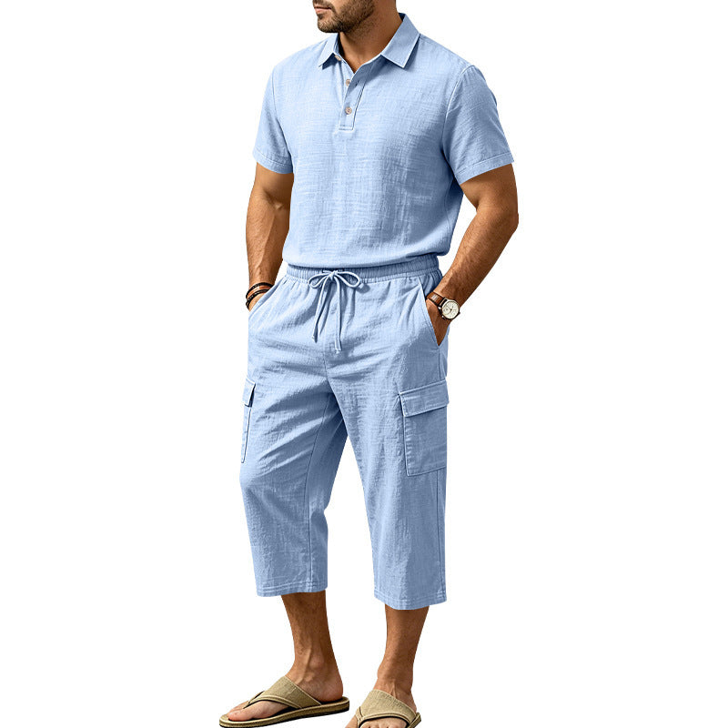 Ensemble d'été en lin pour homme : chemise ample et short cargo, ensemble deux pièces