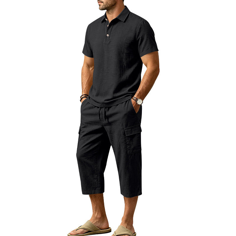 Ensemble d'été en lin pour homme : chemise ample et short cargo, ensemble deux pièces