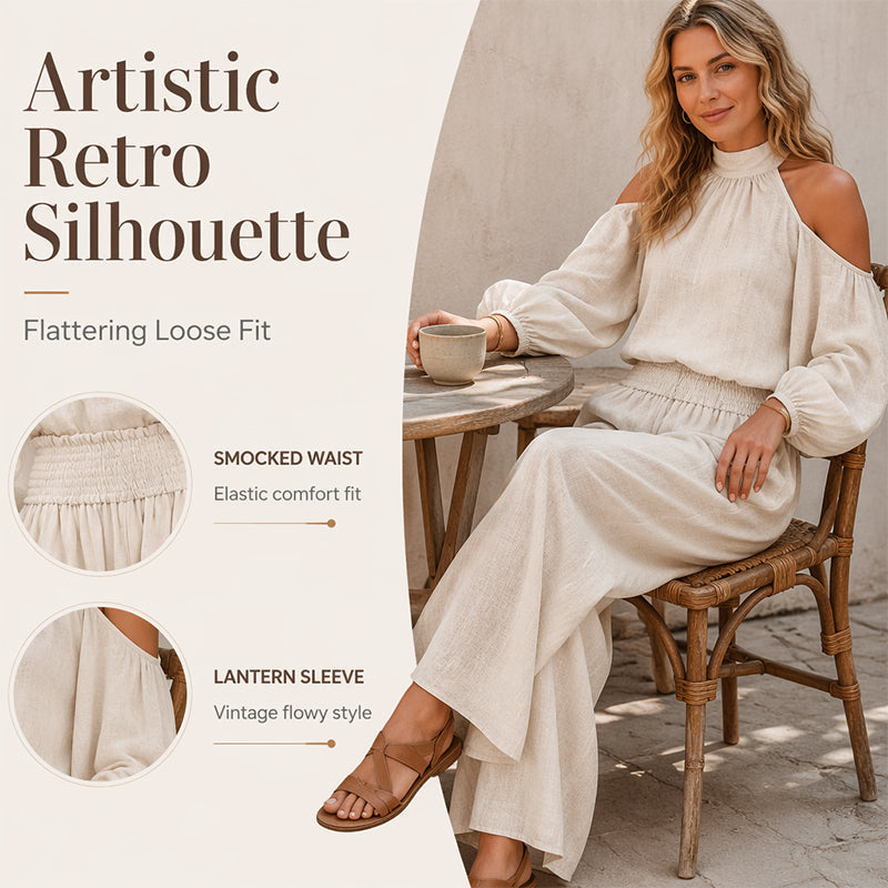 🎉 OFFRE LIMITÉE -50% ! 🌸 Ensemble Haut Halter Épaules Dénudées & Pantalon Large pour Femme – Élégance Boho & Respirabilité Lin ✨