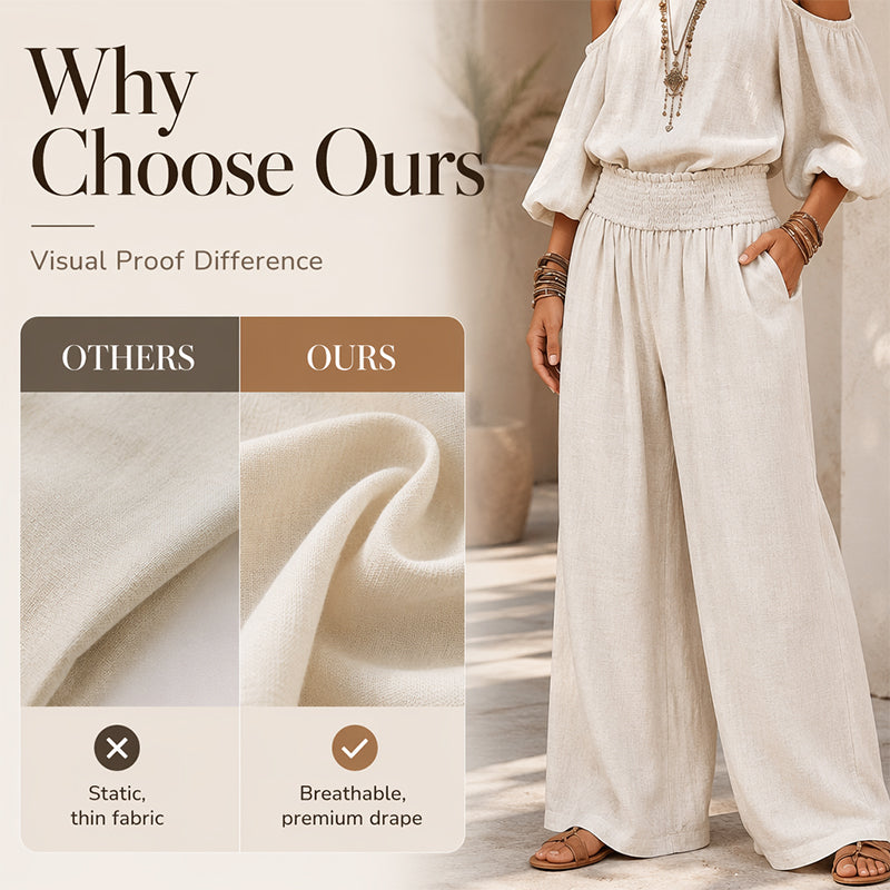 🎉 OFFRE LIMITÉE -50% ! 🌸 Ensemble Haut Halter Épaules Dénudées & Pantalon Large pour Femme – Élégance Boho & Respirabilité Lin ✨