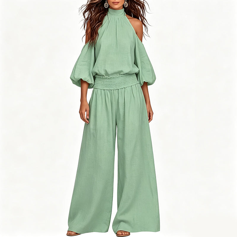 🎉 OFFRE LIMITÉE -50% ! 🌸 Ensemble Haut Halter Épaules Dénudées & Pantalon Large pour Femme – Élégance Boho & Respirabilité Lin ✨