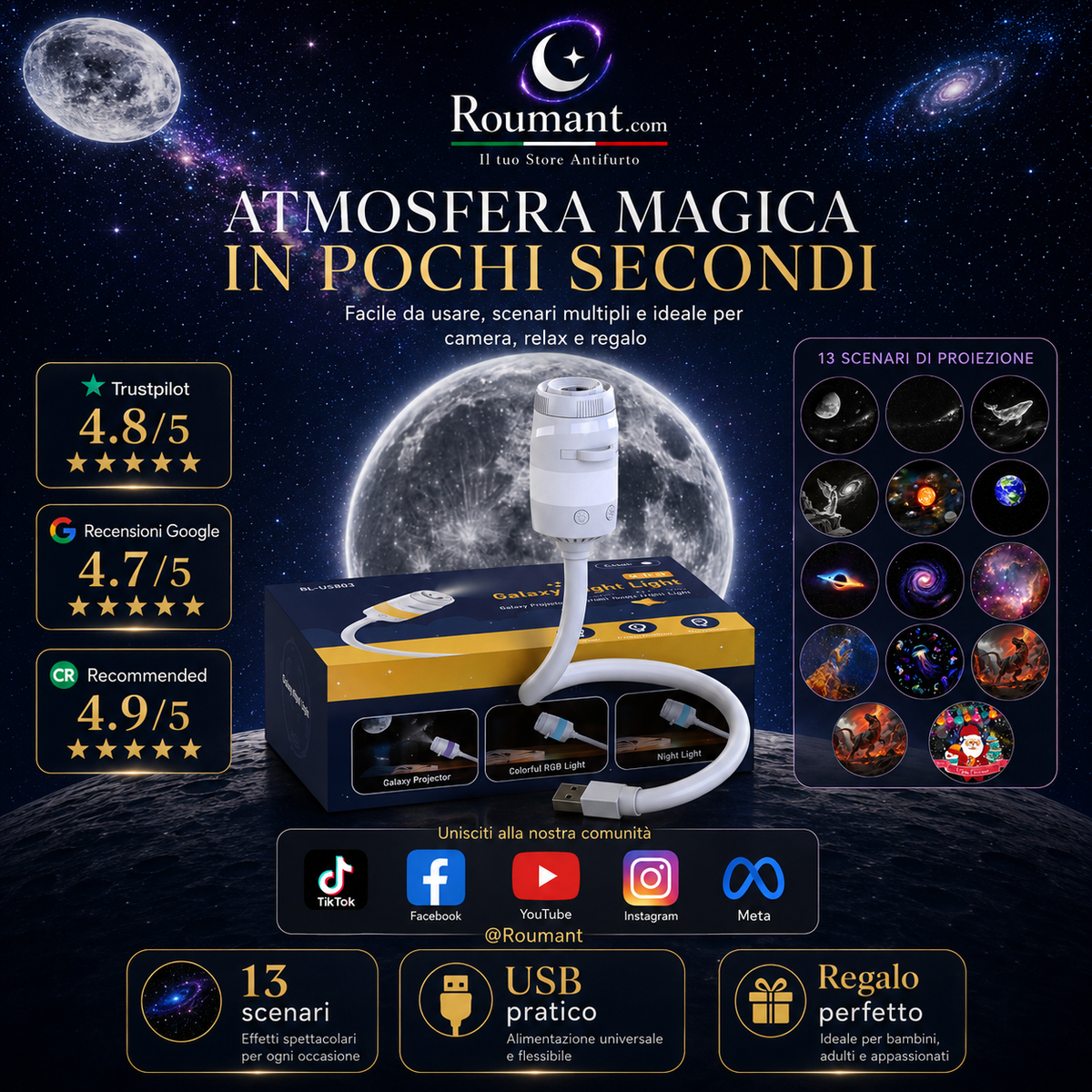 🌌 -50 % MAINTENANT ! 💫 Lampe Projecteur Ciel Étoilé USB – 13 Films Interchangeables & Col Flexible – Parfait pour la Chambre ✨