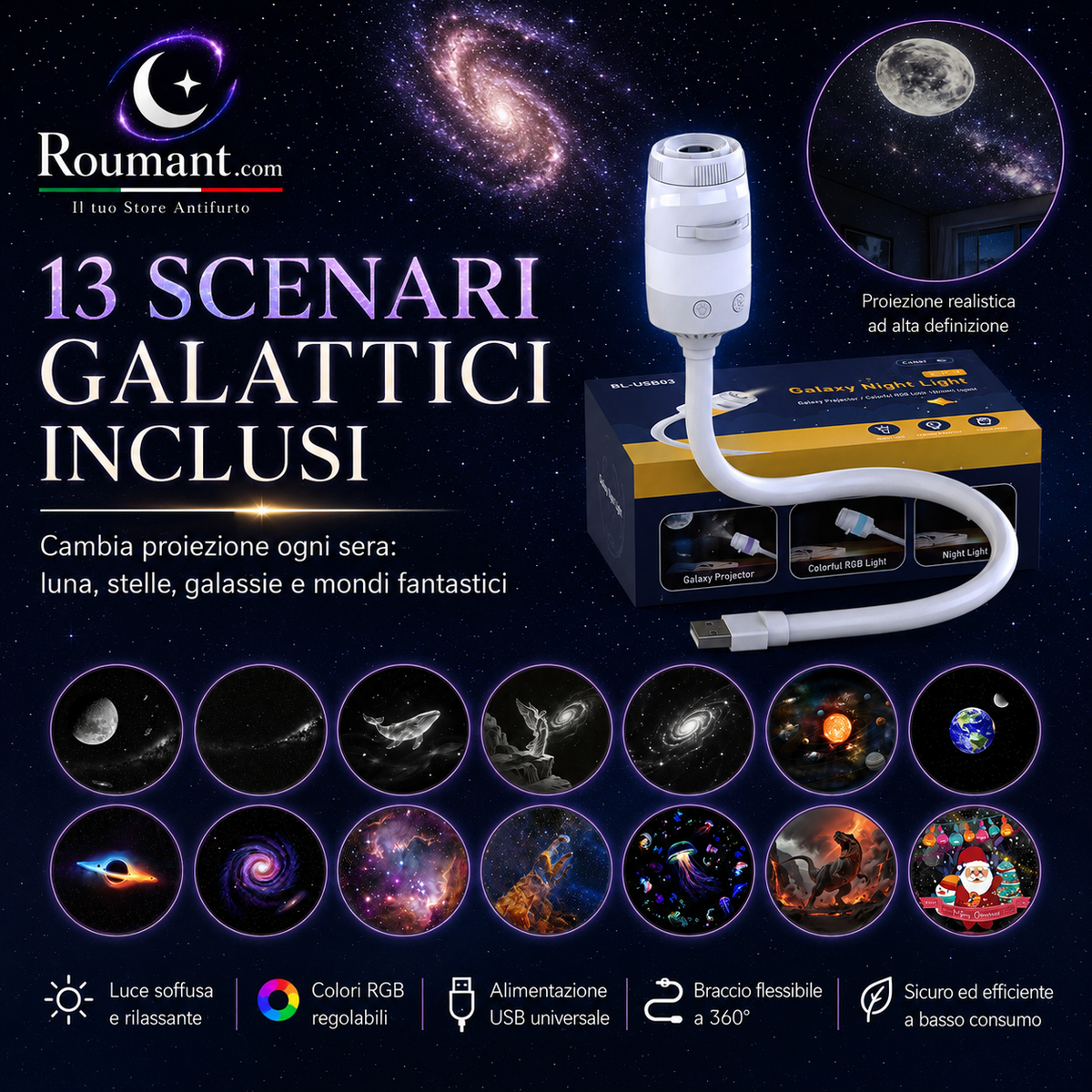 🌌 -50 % MAINTENANT ! 💫 Lampe Projecteur Ciel Étoilé USB – 13 Films Interchangeables & Col Flexible – Parfait pour la Chambre ✨