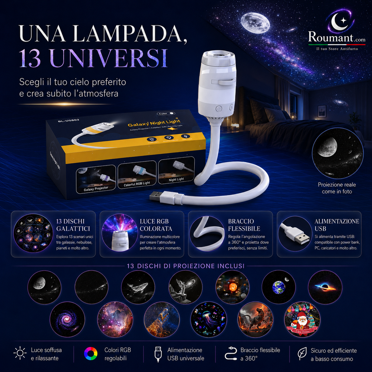 🌌 -50 % MAINTENANT ! 💫 Lampe Projecteur Ciel Étoilé USB – 13 Films Interchangeables & Col Flexible – Parfait pour la Chambre ✨