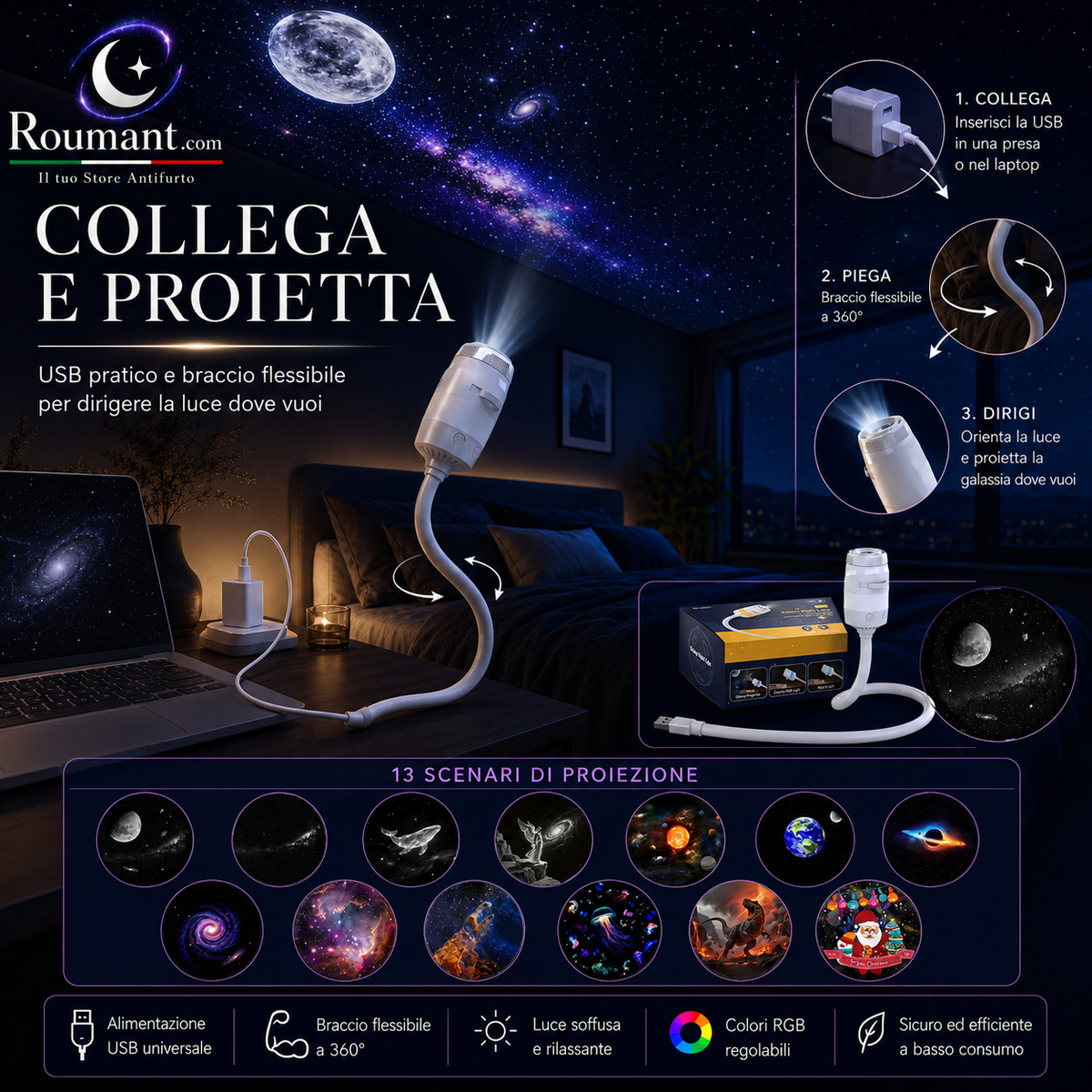 🌌 -50 % MAINTENANT ! 💫 Lampe Projecteur Ciel Étoilé USB – 13 Films Interchangeables & Col Flexible – Parfait pour la Chambre ✨