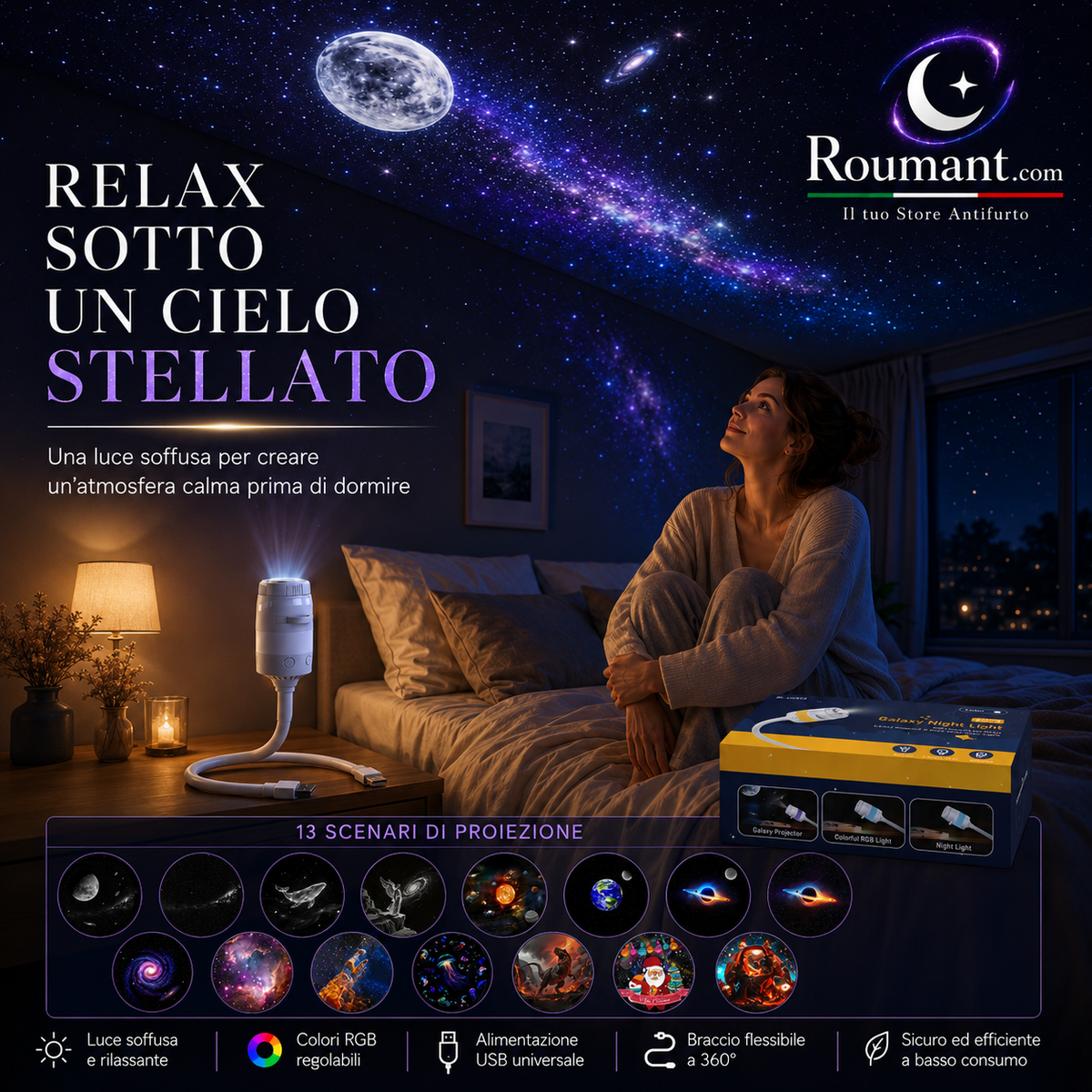 🌌 -50 % MAINTENANT ! 💫 Lampe Projecteur Ciel Étoilé USB – 13 Films Interchangeables & Col Flexible – Parfait pour la Chambre ✨
