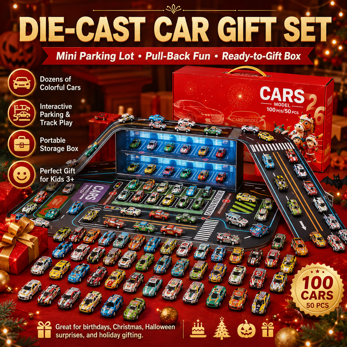 Coffret de Jeu Garage Pliable avec Voitures Jouets