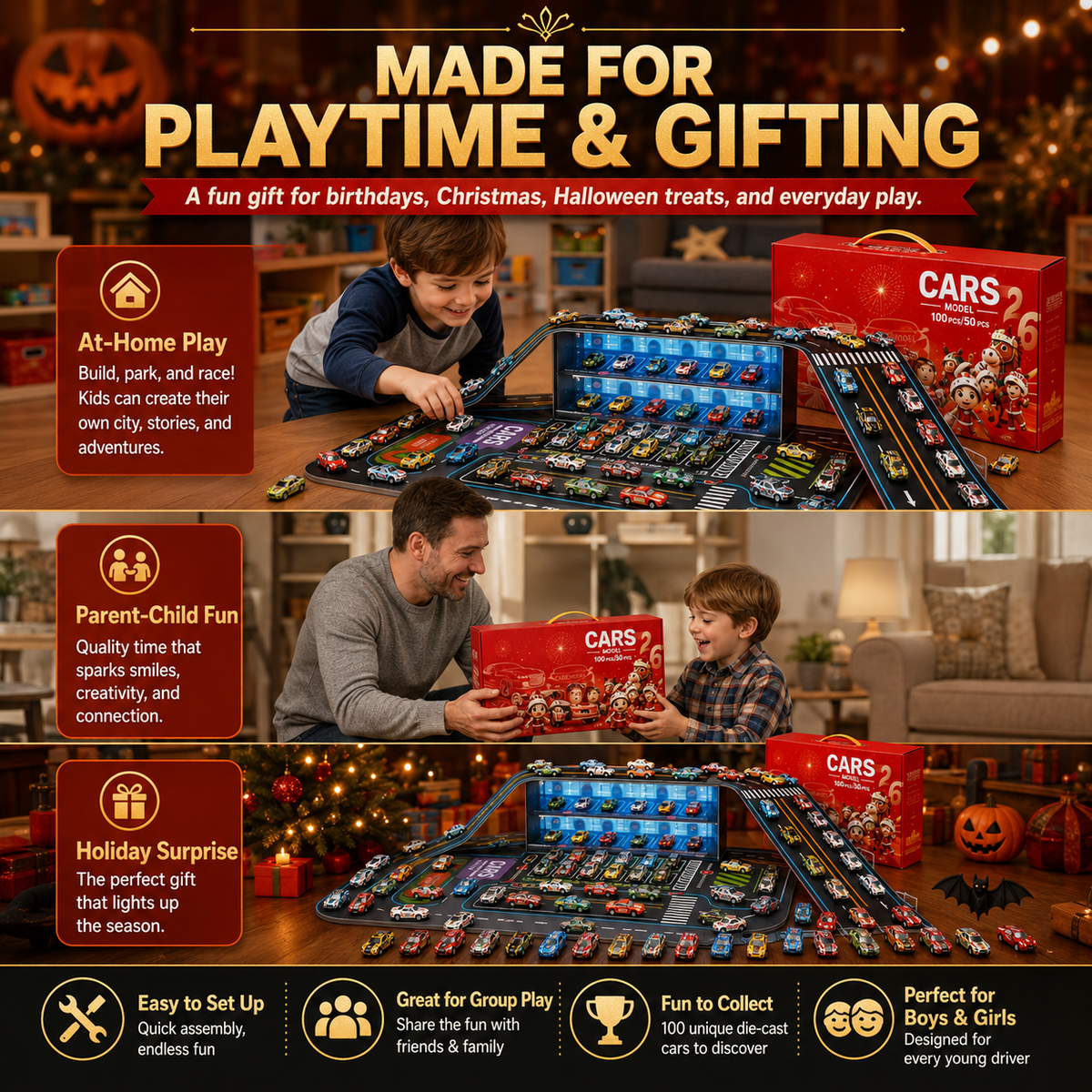 Coffret de Jeu Garage Pliable avec Voitures Jouets