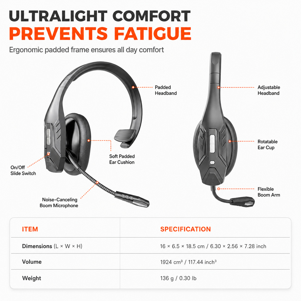 Casque sans fil Bluetooth pour centre d'appels, avec réduction de bruit environnemental ENC et appairage automatique, pour service client et chauffeurs routiers