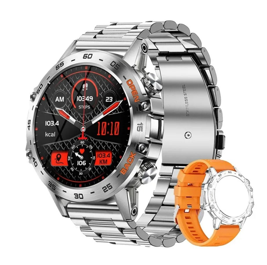 Montre connectée pour homme de style militaire avec batterie de 1 100 mAh, écran AMOLED de 1,7 pouces, lampe torche LED, étanchéité IP68, montre de sport avec fonction téléphone, plus de 110 modes sportifs, suivi de la fréquence cardiaque et du sommeil